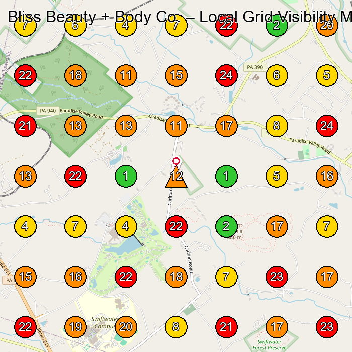 Bliss Beauty + Body Co. Day Spa GeoGrid ranking map for Cresco PA